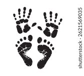 A minimalist graphic design featuring black hand and foot prints on a white background.