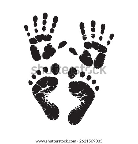 A minimalist graphic design featuring black hand and foot prints on a white background.