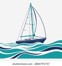 A minimalist graphic design featuring a blue sailboat with white sails cruising on stylized sea waves against a neutral background
