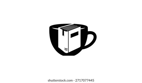 A minimalist graphic design featuring a book placed within a coffee cup, presented in a clean, two-tone style.