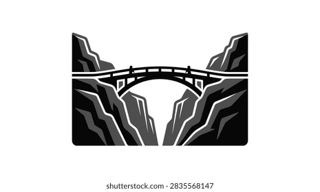 A minimalist graphic design featuring a bridge crossing between two jagged mountain cliffs in a high contrast black and white style
