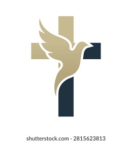 A minimalist graphic design featuring a Christian cross combined with a stylized dove, representing peace and the Holy Spirit, isolated on white background.