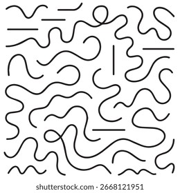 Un Diseño gráfico minimalista con una densa disposición de líneas negras curvas y fluidas intercaladas con trazos negros cortos y rectos sobre un fondo blanco.