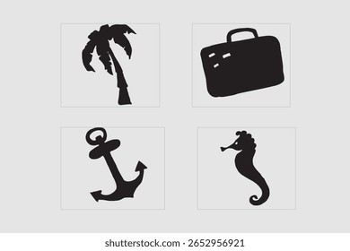 A minimalist graphic design featuring four black silhouettes of marine life: a starfish, a conch shell, a scallop shell, and a sea urchin, presented against a neutral grey background.