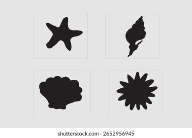 A minimalist graphic design featuring four black silhouettes of marine life: a starfish, a conch shell, a scallop shell, and a sea urchin, presented against a neutral grey background.