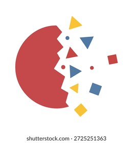 Un Diseño gráfico minimalista con un Grande semicírculo rojo con un borde irregular del que emanan numerosas Formas geométricas, incluidos triángulos azules, triángulos amarillos, triángulos rojos, cuadrados azules y puntos rojos, sobre un fondo blanco. La composición sugiere una explosión dinámica o fragmentación de formas.