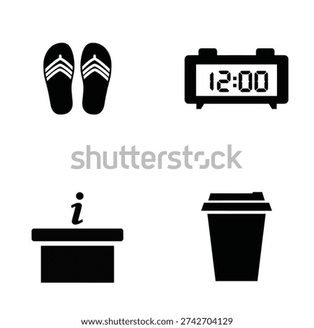 A minimalist graphic design featuring a pair of slippers, a digital clock, an information box, and a coffee cup in silhouette mode