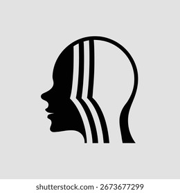 Um design gráfico minimalista com a silhueta de perfil de uma cabeça humana, dividida por linhas em camadas pretas e brancas, contra um fundo cinza claro.