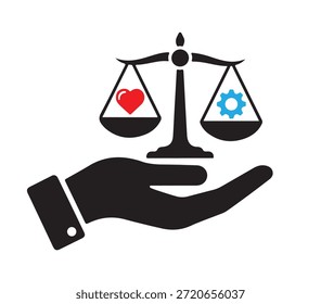 A minimalist graphic design featuring a red heart and blue gear on a black background
