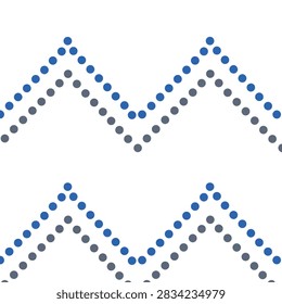 A minimalist graphic design featuring repeating zigzag patterns composed of blue and grey circles against a white background