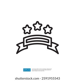 A minimalist graphic design featuring three stars above a blank ribbon, symbolizing achievement or recognition.