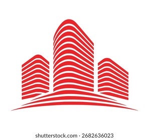 Um design gráfico minimalista com três edifícios modernos e abstratos renderizados em linhas vermelhas em negrito contra um fundo branco limpo.