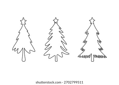 Um design gráfico minimalista com três ilustrações simples de arte em linha de árvores de Natal, cada uma coberta por uma estrela. Isolado em um fundo branco, perfeito para temas de férias.