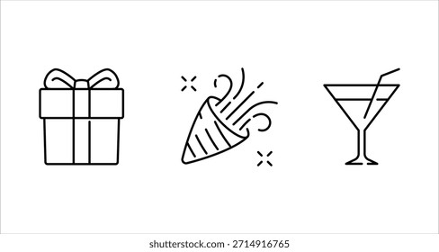 Um design gráfico minimalista com três ícones distintos: uma caixa de presente embrulhada, um popper confete explodindo, e um copo de martini com uma palha, simbolizando celebração e eventos