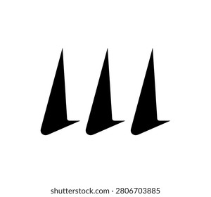 A minimalist graphic design featuring three identical black abstract triangular forms, each with a subtly rounded base, arranged horizontally on a white background, creating a modern and sharp visual.