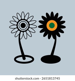 A minimalist graphic design featuring two stylized flowers against a light blue background. One flower is an outline, the other is solid black with orange and green accents.