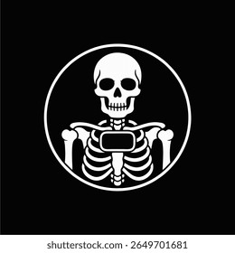 A minimalist graphic design featuring a white skeleton holding a rectangular blank space within a circular frame against a black background.