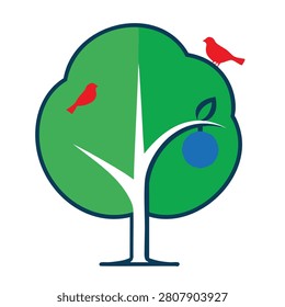 A minimalist graphic design of a green tree featuring two small red birds and one hanging blue round fruit against a white background
