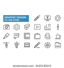 A minimalist graphic design icon set featuring essential tools like pencils, brushes, and a camera, rendered with simple, clean lines against a white backdrop.