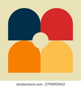 Minimalist graphic design showcasing bold primary and secondary colored arched windows set against a neutral cream background in flat style