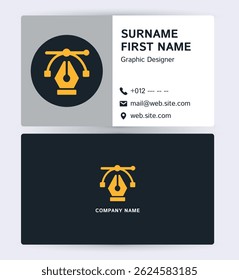 Minimalist graphic designer business card with yellow pen tool vector icon.
