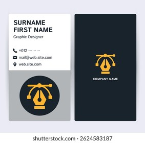 Minimalist graphic designer business card with yellow pen tool vector icon.
