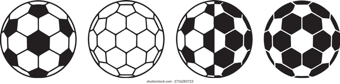 Minimalistische Grafikdesigns mit vier schwarz-weißen Fußball-Illustrationen in einer neutralen, sauberen Komposition