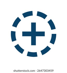 a minimalist, graphic emblem featuring a bold, dark blue plus sign at the center, symbolizing addition or positivity. 