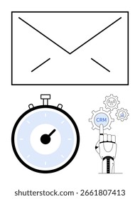 Minimalist graphic of an envelope, stopwatch, and robotic hand interacting with CRM gears. Ideal for automation software, CRM, time management, email marketing, robotics, workflow optimization