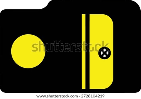 A minimalist graphic features a black rounded rectangle with a yellow circle on the left and a yellow rectangular shape with black stripes and a black circular aperture symbol on the right.