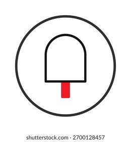 Um gráfico minimalista apresenta um simples ícone de picolé delineado em preto com um bastão vermelho em um fundo branco imaculado. O design é cercado, oferecendo um símbolo limpo e contemporâneo para