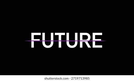 Um gráfico minimalista apresenta a palavra "FUTURO" em letras maiúsculas negrito e branco sobre um fundo preto. Uma linha roxa fina e vibrante é desenhada