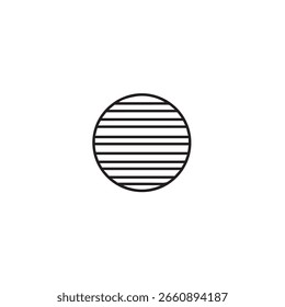 Um gráfico minimalista com um contorno preto de um círculo preenchido com linhas pretas horizontais uniformemente espaçadas, criando um padrão listrado simples e abstrato.