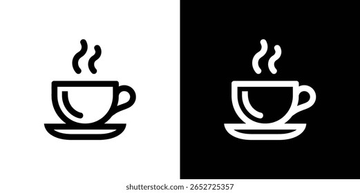 Gráfico minimalista com uma xícara de café a vapor preto e branco em um pires, apresentado em dois esquemas de cores contrastantes. Design de ícone simples.
