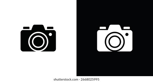 Gráfico minimalista con un icono de cámara que se muestra tanto en una silueta oscura sobre un fondo claro como en una silueta clara sobre un fondo oscuro.