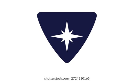 Eine minimalistische Grafik mit einem dunkelblauen Schild, das ein helles weißes Sternzeichen oder ein Kompassrosensymbol enthält. Einzeln auf sauberem, weißem Hintergrund.