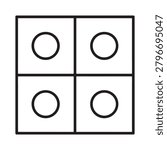 A minimalist graphic featuring four identical, empty black circles arranged in a 2x2 grid within a square border. The circles are evenly spaced, centered in each quadrant, and set against a plain whit.
