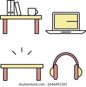 A minimalist graphic featuring four simple icons on a white background. The icons include two representations of a desk or table with pink legs and a yellow surface 
