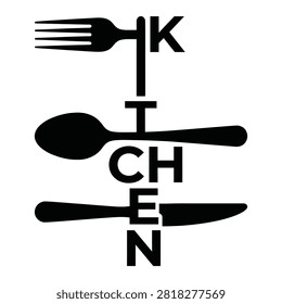 Minimalist graphic featuring kitchen lettering creatively arranged with fork spoon and knife symbols for culinary branding.