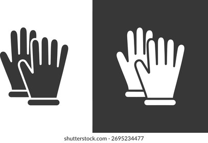Um gráfico minimalista com um par de luvas pretas sobre um fundo branco e um par de luvas brancas sobre um fundo escuro, simbolizando proteção, higiene e tarefas relacionadas ao trabalho em vários 