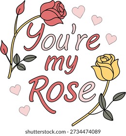 A minimalist graphic featuring the phrase "Rose Day Vibes" in black script, accompanied by a simple red rosebud and sketchy vine illustration.