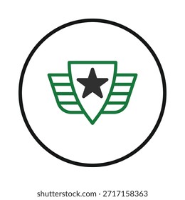 Un gráfico minimalista con una estrella dentro de un escudo con alas, que sugiere temas de seguridad, protección o aviación. Las líneas limpias y las Formas geométricas del emblema lo prestan bien a la