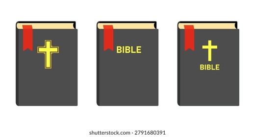 A minimalist graphic featuring three closed books representing Bibles, each adorned with a red ribbon bookmark and either a golden cross or the word BIBLE. Three stylized Bibles with red bookmarks and yellow crosses or text
