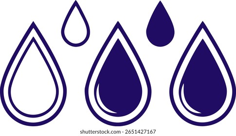 Um gráfico minimalista com três gotas de água roxas escuras contra um fundo preto. Duas gotas maiores são contornadas, enquanto uma gota menor no centro é sólida.