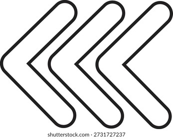 A minimalist graphic featuring three thick, black, chevron-like arrows arranged horizontally and pointing to the left. The arrows are positioned slightly offset from each other, creating a sense of depth or sequence. Each arrow has a rounded end on the left and a sharp point on the right. The background is plain white, emphasizing the graphic elements.