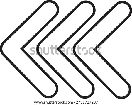 A minimalist graphic featuring three thick, black, chevron-like arrows arranged horizontally and pointing to the left. The arrows are positioned slightly offset from each other, creating a sense of depth or sequence. Each arrow has a rounded end on the left and a sharp point on the right. The background is plain white, emphasizing the graphic elements.