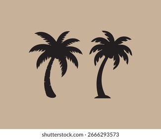 Un gráfico minimalista con dos siluetas de palmeras negras sobre un fondo marrón o beige apagado.