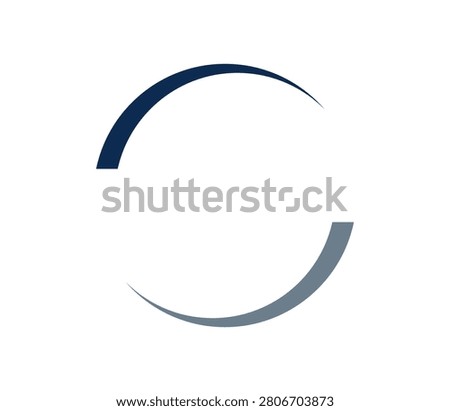 A minimalist graphic featuring two curved lines, one dark blue and one gray, forming an incomplete circle, suggesting motion or connection.