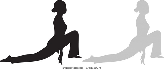 Minimalist graphic featuring two female figures in a deep lunge position, representing flexibility, exercise, or a martial arts stance, rendered in solid black and light gray.