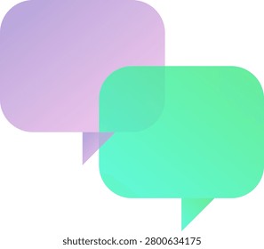 Minimalist graphic featuring two semi-transparent rounded rectangular chat bubbles in purple and green gradients overlapping on a clean white background.